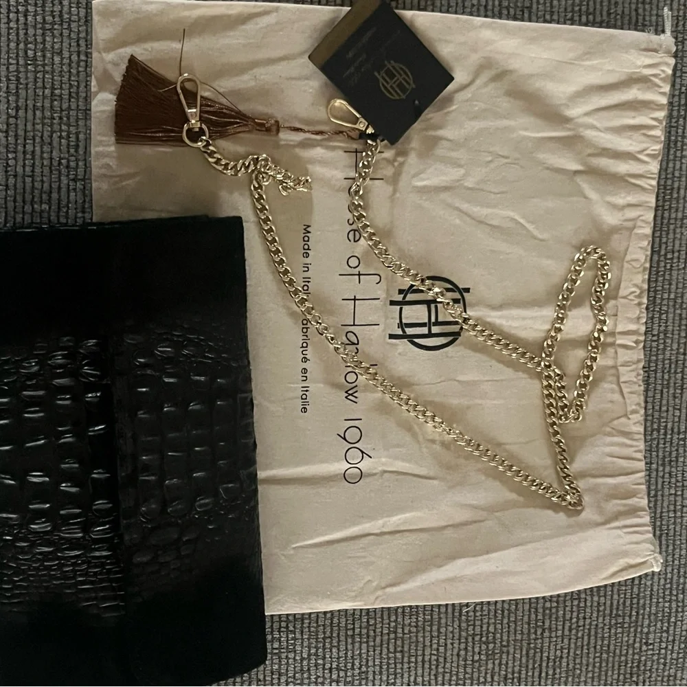 House of Harlow 1960 Black Croc-Embossed Clutch  with gold chain strap nwt